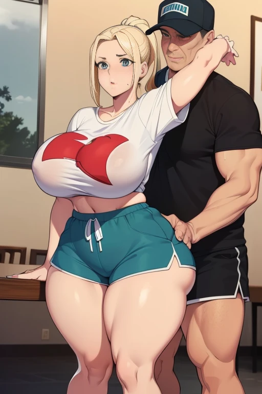 High resolution, (((two people in picture))), (one is a mature white girl, (((bimbo))), thick, long blonde, ponytail, she is surprised, very big wide hips, thick thighs, hourglass figure, small round breast, ((she's wearing dolphin shorts)), a table is in between her and viewer, she's bent over the table), (the other is a young muscular man, he's in shorts and a T-shirt, the man standing directly behind her, (((he's standing very close to her))), ((his hand is on her hip groping it)))