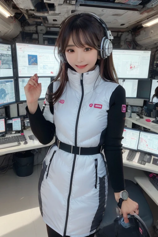 masterpiece, highest quality, Very detailed, 8K Portrait,Japanese Android Girl,plump , Control panel,Robotic arms and legs, Blunt bangs,,break (Metallic Gray, Metallic luster, Mirror finish, Astro Best):5,headphone:5,break (Black sleeves):100,Smart Watches,Futuristic space station,Control Room,break headphone,blue eyes,(Black Hair):2,(Long Hair):1.3,Displaying the viewer,(respirator),break blush:3,Hidden Hand,smile