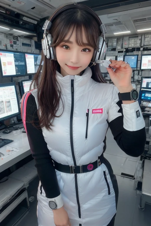 masterpiece, highest quality, Very detailed, 8K Portrait,Japanese Android Girl,plump , Control panel,Robotic arms and legs, Blunt bangs,,break (Metallic Gray, Metallic luster, Mirror finish, Astro Best):5,headphone:5,break (Black sleeves):100,Smart Watches,Futuristic space station,Control Room,break headphone,blue eyes,(Black Hair):2,(Long Hair):1.3,Displaying the viewer,(respirator),break blush:3,Hidden Hand,smile