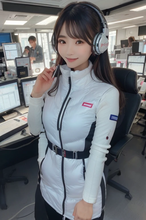 masterpiece, highest quality, Very detailed, 8K Portrait,Japanese Android Girl,plump , Control panel,Robotic arms and legs, Blunt bangs,,break (Metallic Gray, Metallic luster, Mirror finish, Astro Best):5,headphone:5,break (Black sleeves):100,Smart Watches,Futuristic space station,Control Room,break headphone,blue eyes,(Black Hair):2,(Long Hair):1.3,Displaying the viewer,(respirator),break blush:3,Hidden Hand,smile