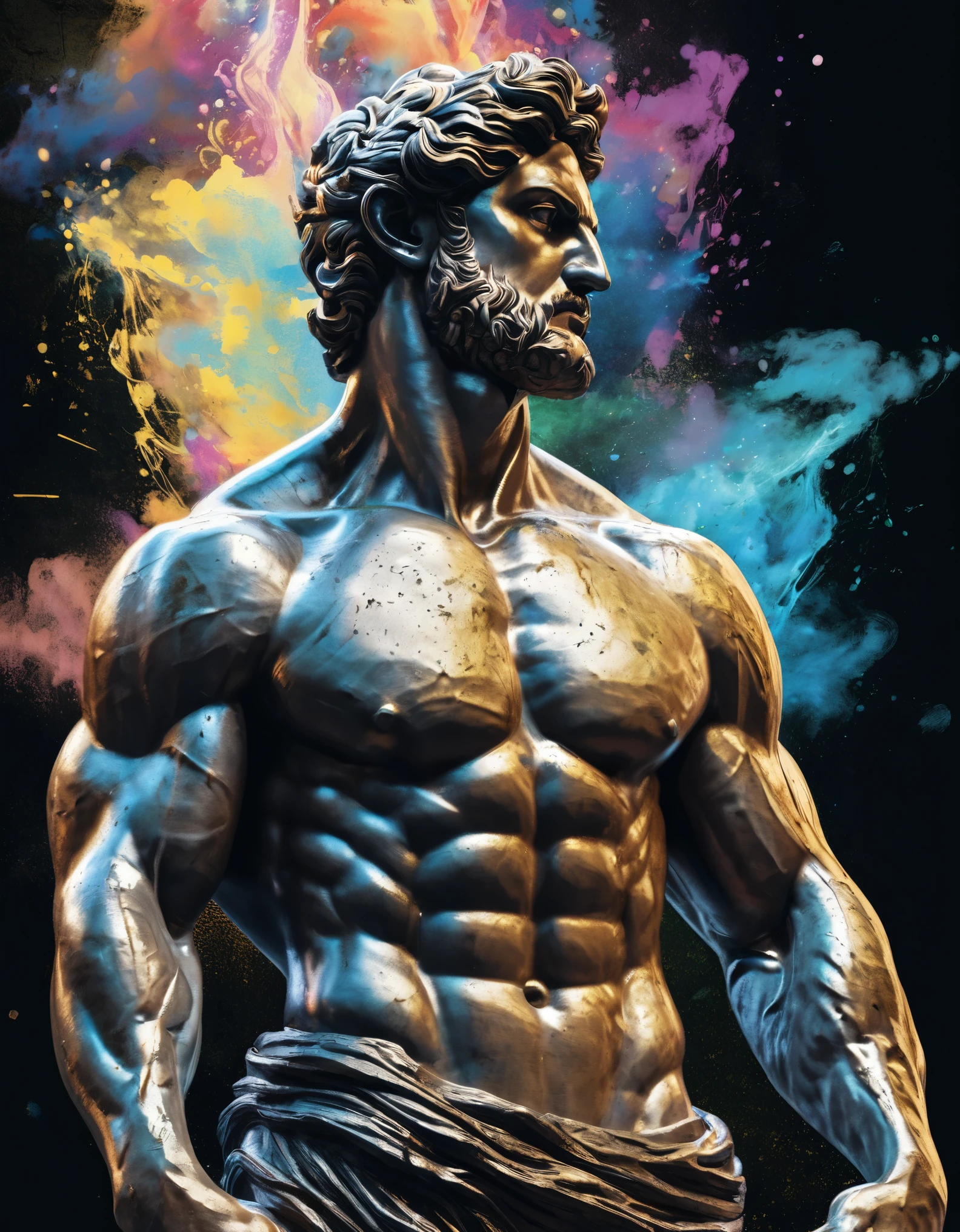 Stoic Greek Hercules style statue with muscles highlighted dark background, Zoro um menino, Perfect centering, coelho (franco)de Donnie, standing position, beleza abstrata, Centrado, looking at the camera, facing the camera, approaching perfection, triste, desespero, corpo inteiro, hands on your head, dynamic, altamente detalhado, liso, sharp focus, 8k, high definition resolution, illustration, arte de carne Griffiths e Wadim Kashin, fundo branco, vibrant cores, inconceivable and spectacular a scene of the emergence of a glowing cloud figure, fios de nebulosas fractais, cosmic entities, celestiais, cosmic, vibrant and vivid, redemoinhos, Torneamento, irreal, Alto contraste, simbolismo, Magia, Mystic, mistificador, hiper-realista, supersaturado, colorido