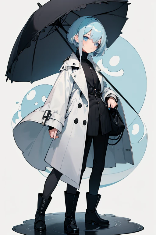 Light blue hair with a hint of gray、The top of the hair is cut in a rounded mushroom shape.、A hairstyle that gives a light finish to the nape by adding layers to the bottom、Eye color: black and white heterochromatic、Dressed in a black sweater、white trench coat(The button is empty)Black trousers、Black boots