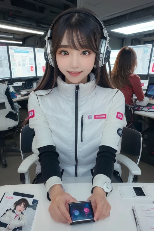 masterpiece, highest quality, Very detailed, 8K Portrait,Japanese Android Girl,plump , Control panel,Robotic arms and legs, Blunt bangs,,break (Metallic Gray, Metallic luster, Mirror finish, Astro Best):5,headphone:5,break (Black sleeves):100,Smart Watches,Futuristic space station,Control Room,break headphone,blue eyes,(Black Hair):2,(Long Hair):1.3,Displaying the viewer,(respirator),break blush:3,Hidden Hand,smile