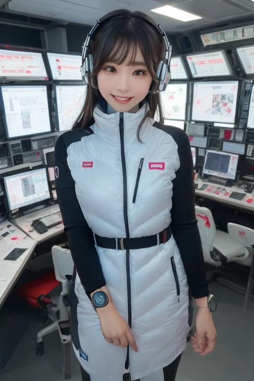 masterpiece, highest quality, Very detailed, 8K Portrait,Japanese Android Girl,plump , Control panel,Robotic arms and legs, Blunt bangs,,break (Metallic Gray, Metallic luster, Mirror finish, Astro Best):5,headphone:5,break (Black sleeves):100,Smart Watches,Futuristic space station,Control Room,break headphone,blue eyes,(Black Hair):2,(Long Hair):1.3,Displaying the viewer,(respirator),break blush:3,Hidden Hand,smile