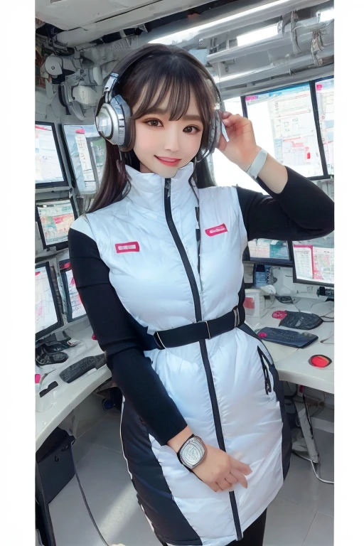 masterpiece, highest quality, Very detailed, 8K Portrait,Japanese Android Girl,plump , Control panel,Robotic arms and legs, Blunt bangs,,break (Metallic Gray, Metallic luster, Mirror finish, Astro Best):5,headphone:5,break (Black sleeves):100,Smart Watches,Futuristic space station,Control Room,break headphone,blue eyes,(Black Hair):2,(Long Hair):1.3,Displaying the viewer,(respirator),break blush:3,Hidden Hand,smile
