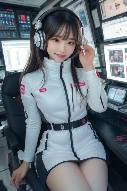 masterpiece, highest quality, Very detailed, 8K Portrait,Japanese Android Girl,plump , Control panel,Robotic arms and legs, Blunt bangs,,break (Metallic Gray, Metallic luster, Mirror finish, Astro Best):5,headphone:5,break (Black sleeves):100,Smart Watches,Futuristic space station,Control Room,break headphone,blue eyes,(Black Hair):2,(Long Hair):1.3,Displaying the viewer,(respirator),break blush:3,Hidden Hand,smile
