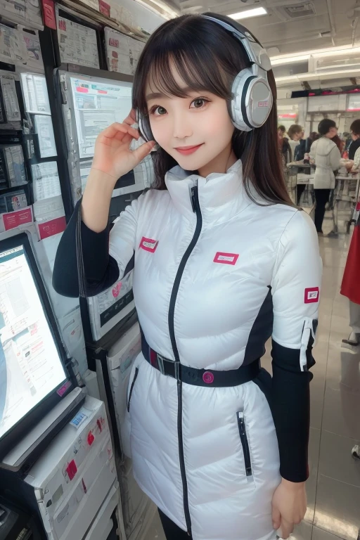 masterpiece, highest quality, Very detailed, 8K Portrait,Japanese Android Girl,plump , Control panel,Robotic arms and legs, Blunt bangs,,break (Metallic Gray, Metallic luster, Mirror finish, Astro Best):5,headphone:5,break (Black sleeves):100,Smart Watches,Futuristic space station,Control Room,break headphone,blue eyes,(Black Hair):2,(Long Hair):1.3,Displaying the viewer,(respirator),break blush:3,Hidden Hand,smile