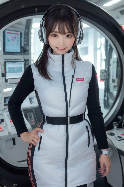 masterpiece, highest quality, Very detailed, 8K Portrait,Japanese Android Girl,plump , Control panel,Robotic arms and legs, Blunt bangs,,break (Metallic Gray, Metallic luster, Mirror finish, Astro Best):5,headphone:5,break (Black sleeves):100,Smart Watches,Futuristic space station,Control Room,break headphone,blue eyes,(Black Hair):2,(Long Hair):1.3,Displaying the viewer,(respirator),break blush:3,Hidden Hand,smile