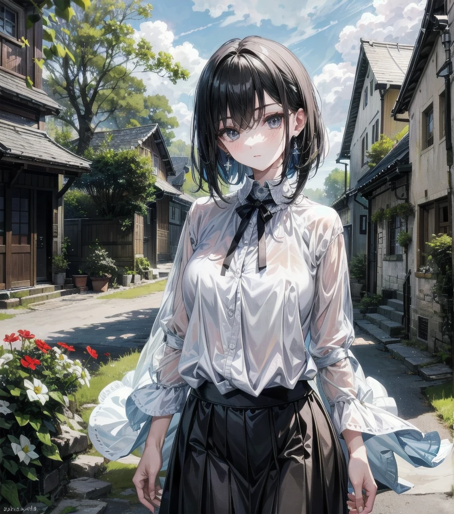 absurdres, RAW photo, extremely delicate, extremely beautiful, masterpiece, Best Quality, ultra high resolution, 32k, hyperrealistic, ultra-detailed description, perfect anatomy, correct body, ideal ratio of body proportions, pale skin, 20 years old, detailed beautiful face, detailed beautiful face eyes, tearful mole, earring, long short hair, black hair, big tits, whole body shot, Cloak, ((shirt)), ((skirt)), a beautiful countryside village, quaint houses, cobblestone streets, lush green meadows, rolling hills, colorful flowers, a small stream running through,