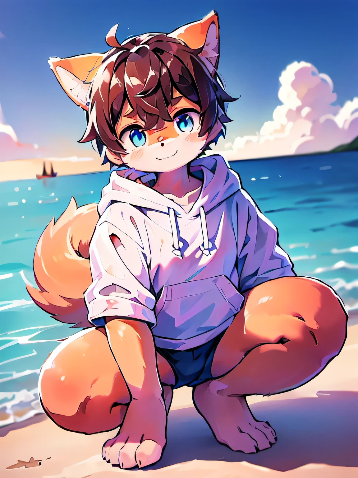 Summer beach with visible legs, cumulonimbus clouds visible, daytime, crouching, (mischievous smile, orange fur, Shiba Inu beastman, light blue eyes, *brown hair*, fluffy boy, cute), wearing a hoodie, orange and white fur on face, no human-like ears