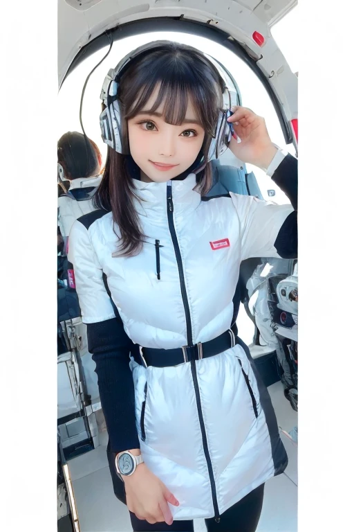 masterpiece, highest quality, Very detailed, 8K Portrait,Japanese Android Girl,plump , Control panel,Robotic arms and legs, Blunt bangs,,break (Metallic Gray, Metallic luster, Mirror finish, Astro Best):5,headphone:5,break (Black sleeves):100,Smart Watches,Futuristic space station,Control Room,break headphone,blue eyes,(Black Hair):2,(Long Hair):1.3,Displaying the viewer,(respirator),break blush:3,Hidden Hand,smile