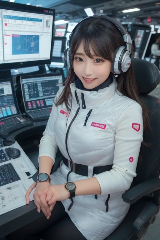 masterpiece, highest quality, Very detailed, 8K Portrait,Japanese Android Girl,plump , Control panel,Robotic arms and legs, Blunt bangs,,break (Metallic Gray, Metallic luster, Mirror finish, Astro Best):5,headphone:5,break (Black sleeves):100,Smart Watches,Futuristic space station,Control Room,break headphone,blue eyes,(Black Hair):2,(Long Hair):1.3,Displaying the viewer,(respirator),break blush:3,Hidden Hand,smile