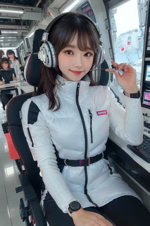 masterpiece, highest quality, Very detailed, 8K Portrait,Japanese Android Girl,plump , Control panel,Robotic arms and legs, Blunt bangs,,break (Metallic Gray, Metallic luster, Mirror finish, Astro Best):5,headphone:5,break (Black sleeves):100,Smart Watches,Futuristic space station,Control Room,break headphone,blue eyes,(Black Hair):2,(Long Hair):1.3,Displaying the viewer,(respirator),break blush:3,Hidden Hand,smile