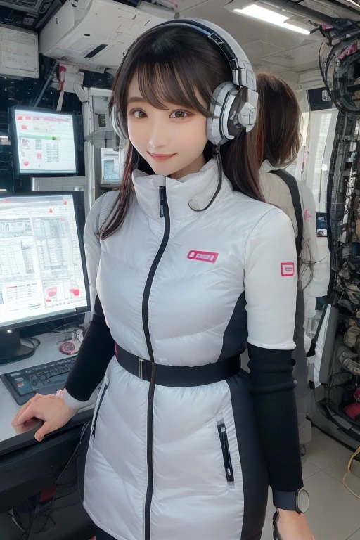 masterpiece, highest quality, Very detailed, 8K Portrait,Japanese Android Girl,plump , Control panel,Robotic arms and legs, Blunt bangs,,break (Metallic Gray, Metallic luster, Mirror finish, Astro Best):5,headphone:5,break (Black sleeves):100,Smart Watches,Futuristic space station,Control Room,break headphone,blue eyes,(Black Hair):2,(Long Hair):1.3,Displaying the viewer,(respirator),break blush:3,Hidden Hand,smile