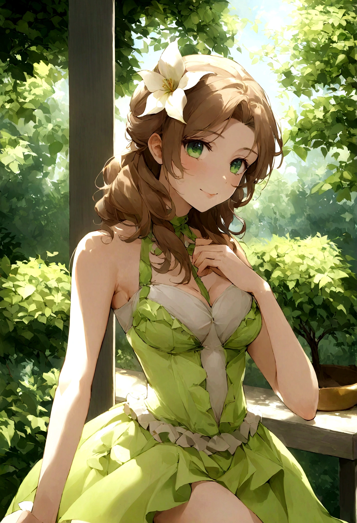 Generate a photorealistic image of summer .Une superbe influenceuse brune, in a well-lit area, poser sur un canaper . She should be around twenty years old., avec longtemps, wavy chestnut hair that falls gracefully over his shoulders. Son teint devrait être impeccable, avec un chaleureux, Sunny tan. L’été devrait porter un look élégant, Tenue bohème-chic qui complète son attitude décontractée et confiante. Ses yeux bruns expressifs devraient rayonner de charisme, et elle devrait être capturée dans un moment candide, . The background must feature a living room , Outdoor location, comme un salon et assit sur un canaper avec une possition sexy . Assurez-vous que l’image est en haute résolution et réaliste, with natural lighting that highlights the beauty of summer