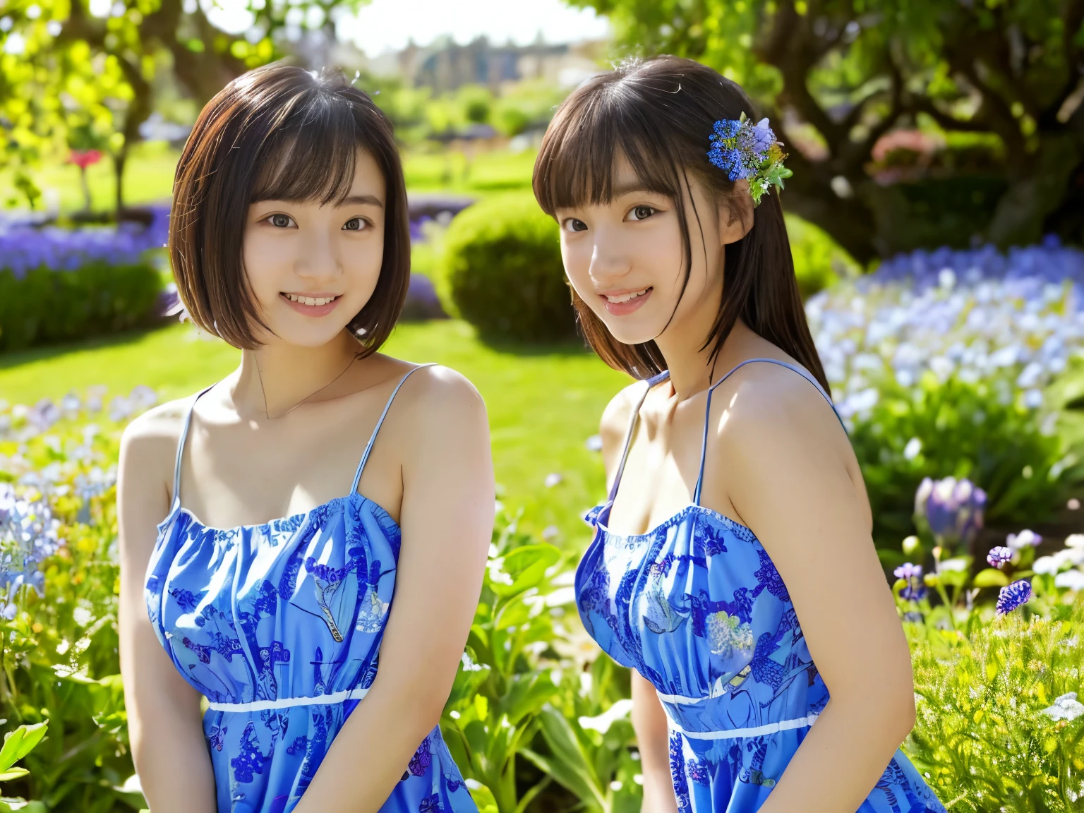 ((masterpiece)), 8k, highest quality, Identical twin sisters, With two people, Realistic, garden, photoRealistic, Very detailed, Detailed Background, (alone: 1.4), Wearing a simple dress, Happy expression, Slender body, Realistic and detailed half hair, Intricate details, masterpiece, highest quality, West Shot, ((Blue flower field background)), smile, ((looking at the camera)), Earrings, Asymmetrical bangs, Natural Chest ,