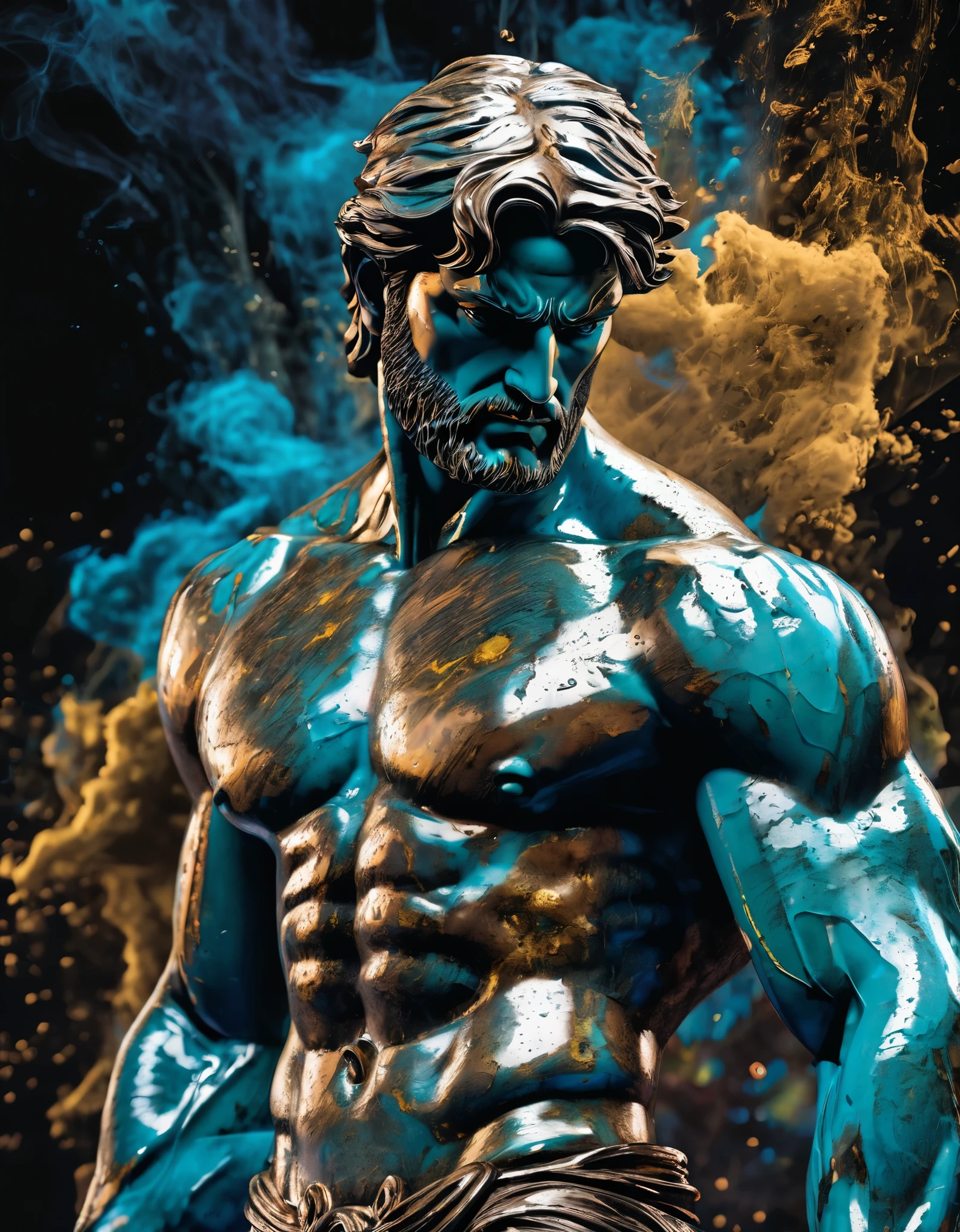 Stoic Greek Hercules style statue with muscles highlighted dark background, Zoro um , Perfect centering, coelho (franco)de Donnie, standing position, beleza abstrata, Centrado, looking at the camera, facing the camera, approaching perfection, triste, desespero, corpo inteiro, hands on your head, dynamic, altamente detalhado, liso, sharp focus, 8k, high definition resolution, illustration, arte de carne Griffiths e Wadim Kashin, fundo branco, vibrant cores, inconceivable and spectacular a scene of the emergence of a glowing cloud figure, fios de nebulosas fractais, cosmic entities, celestiais, cosmic, vibrant and vivid, redemoinhos, Torneamento, irreal, Alto contraste, simbolismo, Magia, Mystic, mistificador, hiper-realista, supersaturado, colorido