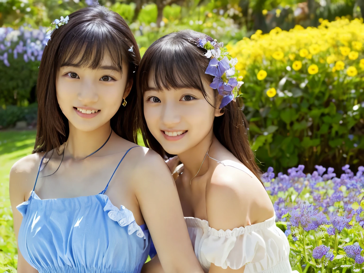 ((masterpiece)), 8k, highest quality, Identical twin sisters, With two people, Realistic, garden, photoRealistic, Very detailed, Detailed Background, (alone: 1.4), Wearing a simple dress, Happy expression, Slender body, Realistic and detailed half hair, Intricate details, masterpiece, highest quality, West Shot, ((Blue flower field background)), smile, ((looking at the camera)), Earrings, Asymmetrical bangs, Natural Chest ,