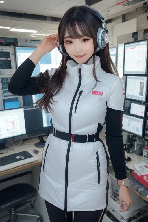 masterpiece, highest quality, Very detailed, 8K Portrait,Japanese Android Girl,plump , Control panel,Robotic arms and legs, Blunt bangs,,break (Metallic Gray, Metallic luster, Mirror finish, Astro Best):5,headphone:5,break (Black sleeves):100,Smart Watches,Futuristic space station,Control Room,break headphone,blue eyes,(Black Hair):2,(Long Hair):1.3,Displaying the viewer,(respirator),break blush:3,Hidden Hand,smile
