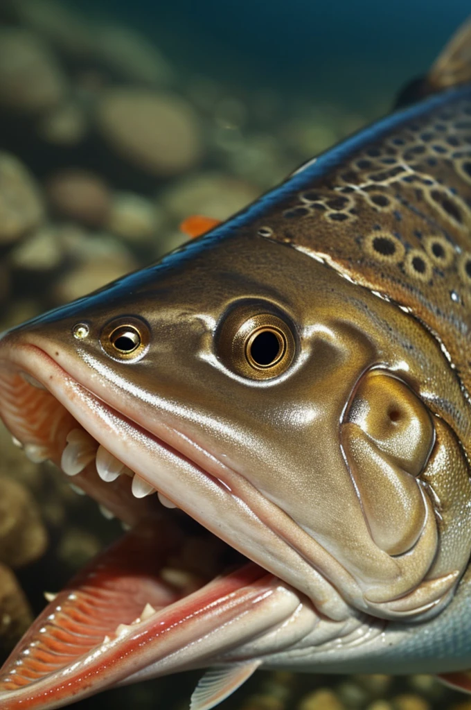 Trout fish with no teeth and wide open mouth facing the camera close up