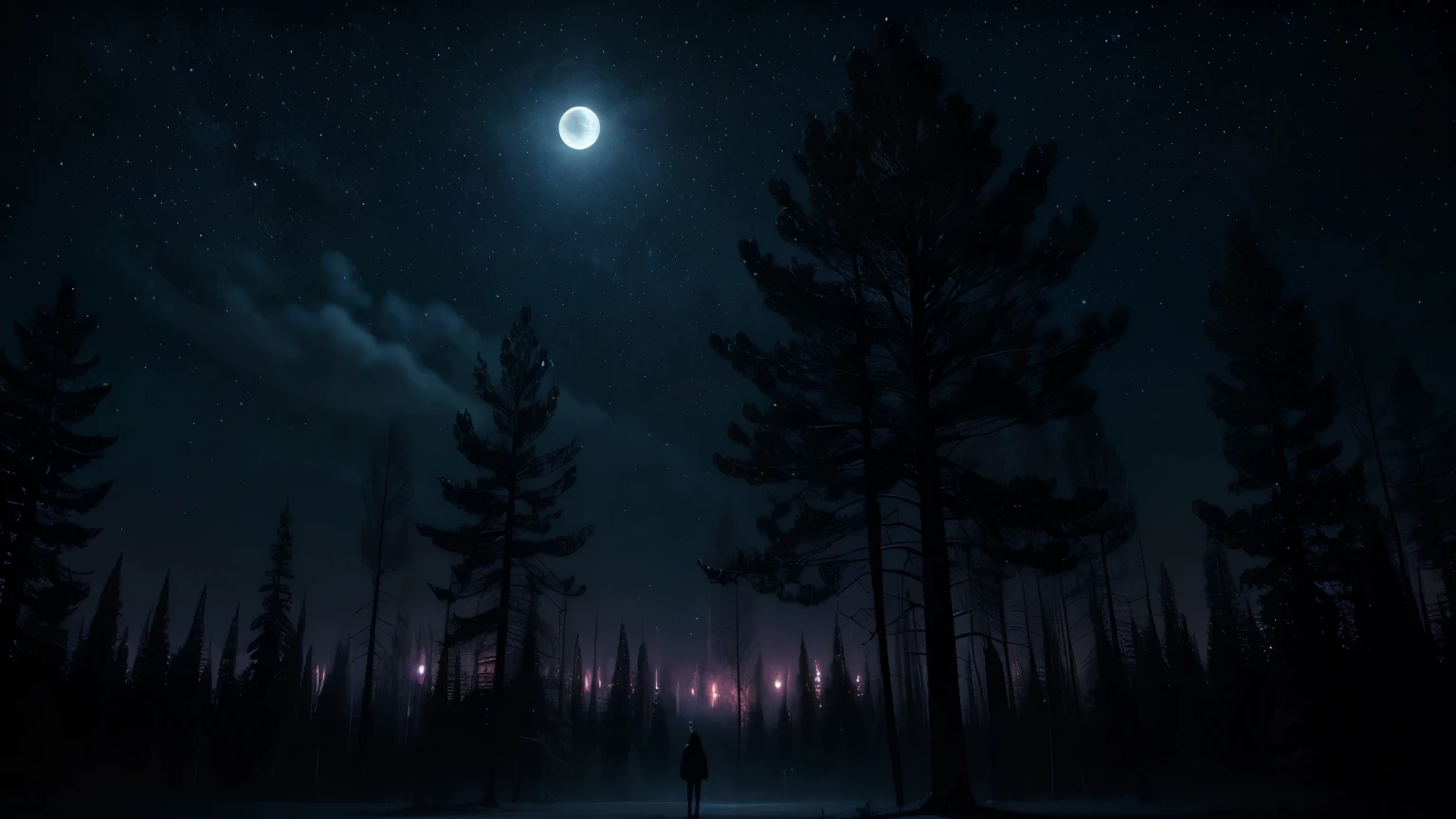 a dark moody night sky, glowing stars, full moon, silhouettes of trees, cinematic lighting, dramatic atmosphere, high contrast, deep shadows, vibrant colors, digital art, fantasy concept, mystical, surreal