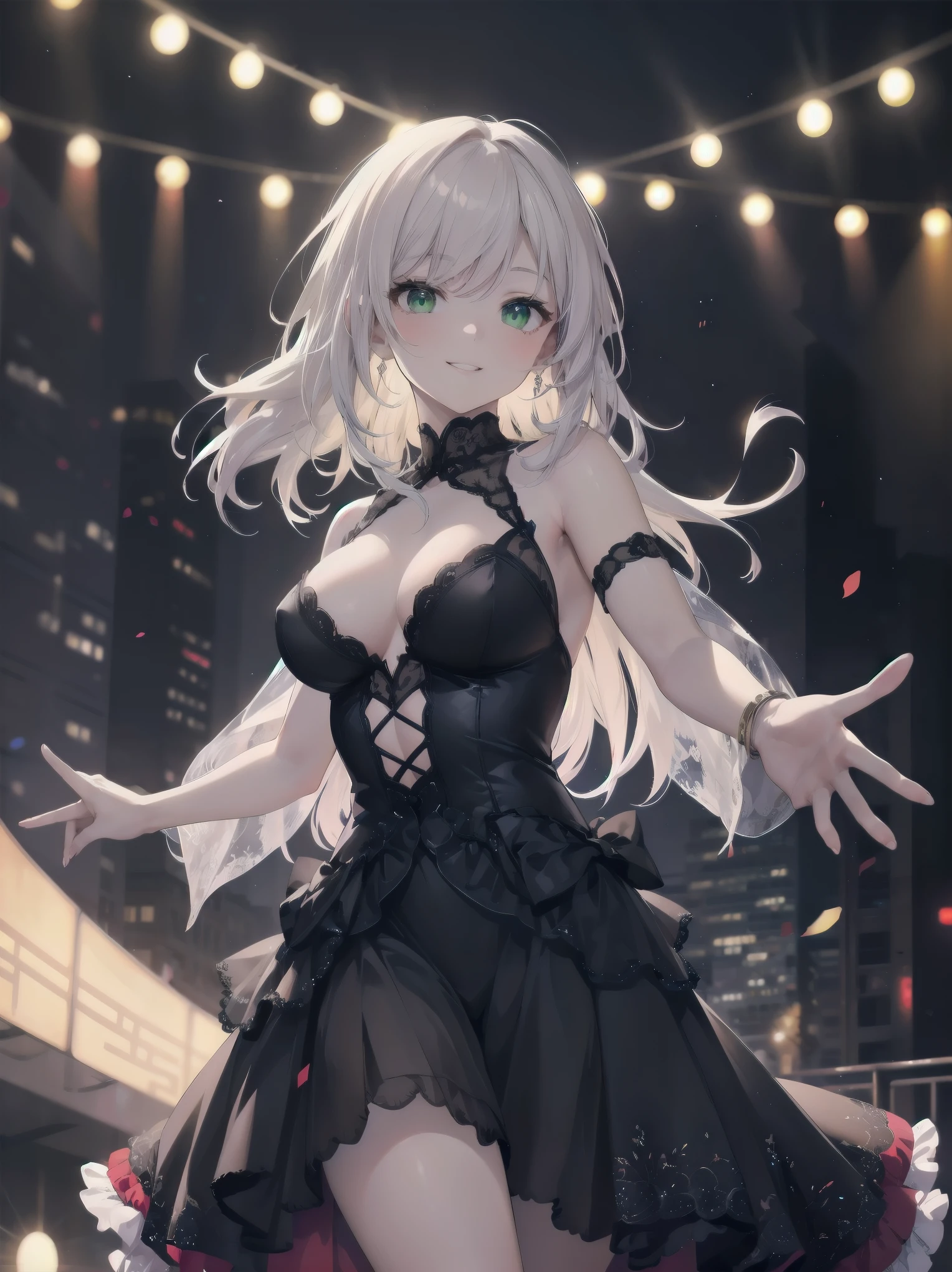 Masterpiece, high quality, high resolution, semi-realistic, 2.5D, perfect anatomy, super-detailed and detailed illustrations, sfw, Subject: {A naïve girl flaunting her boldness}
Subtitle: {green eyes, semi-long hair}{black and red gothic dress, silk and velvet material, lots of frills and lace}{freestyle dancing in the street}{stage downtown}{energetic smile}{mirrorless camera, f/1.8, 1/2000 sec, ISO 800, catch the moment of movement}
A girl with semi-long hair and shiny green eyes is performing a freestyle dance on a downtown stage. She is wearing a black and red gothic dress, an extravagant combination of silk and velvet materials. The dress is richly covered in ruffles and lace, which sway beautifully as she moves. Her muscles move powerfully to the rhythm of the dress, and her energetic smile shines through. In the background, the bustling downtown area and stage lights spread out, giving a sense of the city's vitality. The photo was taken with a mirrorless camera with an aperture of f/1.8, a shutter speed of 1/2000 s and ISO 800, capturing the moment of movement in vivid detail. Her dynamic movements and smile are vividly portrayed as if in a fashion magazine photogravure.