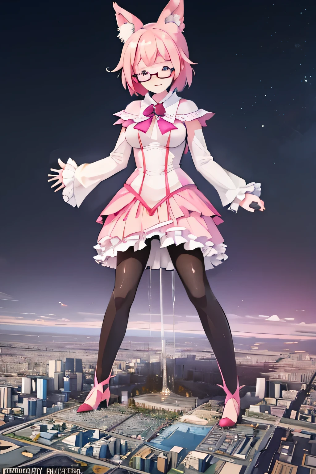 giantess art, highly detailed giantess shots, giantess, Two legs, Five fingers, short hair, A beautiful girl who is bigger than a skyscraper, Wearing rimless glasses, smile, huge breasts, pink dress, bow, magical girl, holding a magical wand, black pantyhose, pink stiletto heels, thunderbolt from a magical wand, Destroying cities, A very small big city, Miniature metropolis, Full body description, GTS, giga giantess, stomping city, crash city, tiny city, micro city, pantyhose feet, High resolution, highest quality, masterpiece, peeing self,