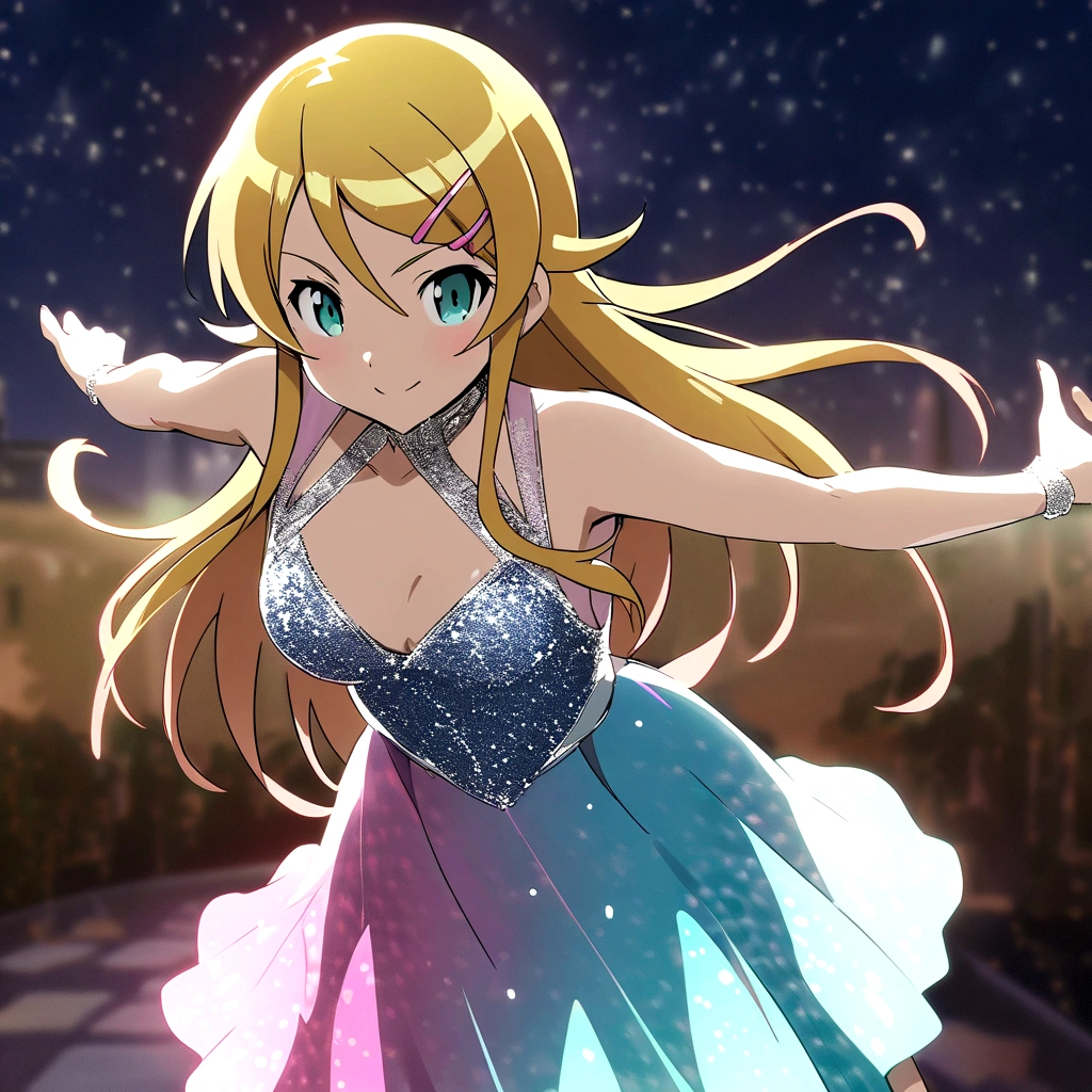 Image of a figure skater wearing a beautiful sequined dress during a nighttime ice show。The illuminated rink added a dramatic touch to her performance.、It creates a romantic winter atmosphere.。She danced with graceful choreography、Showing off aerial skills。The lighting accentuates her movements.、It enhances the appeal of the artistic show.。

kirino, Blonde Hair, Long Hair, Hair Clip, Green Eyes, bangs, 