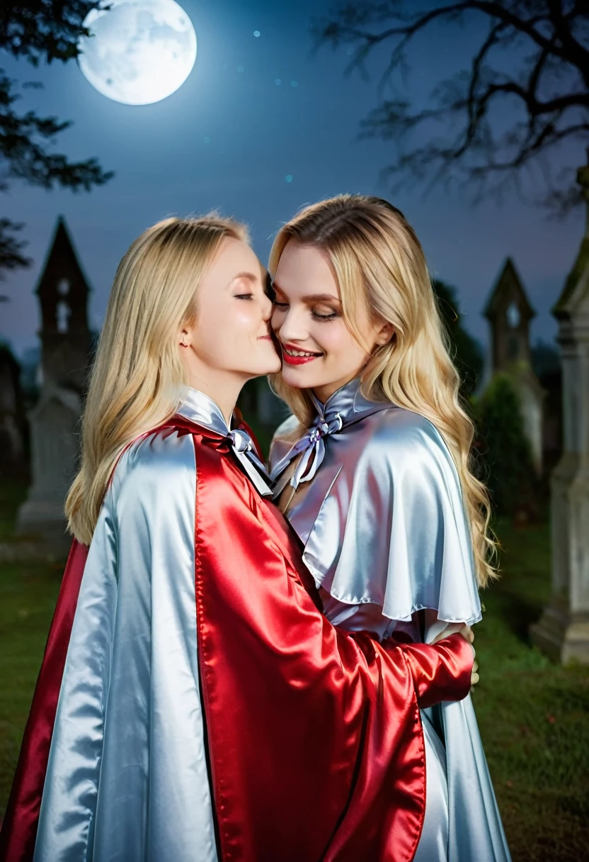 Vampyfangs1 , (RAW photo) , 2girls, cute, 20 years old, long blonde hair , smiling, look at viewer, ((((silver and red lined  satin cape tied at the neck)))+++, naked , embracing, nighttime, standing in a moonlit graveyard , biting necks , photo, realistic, best quality, hires, detailed face, detailed background, diffused lighting, depth of field, bokeh