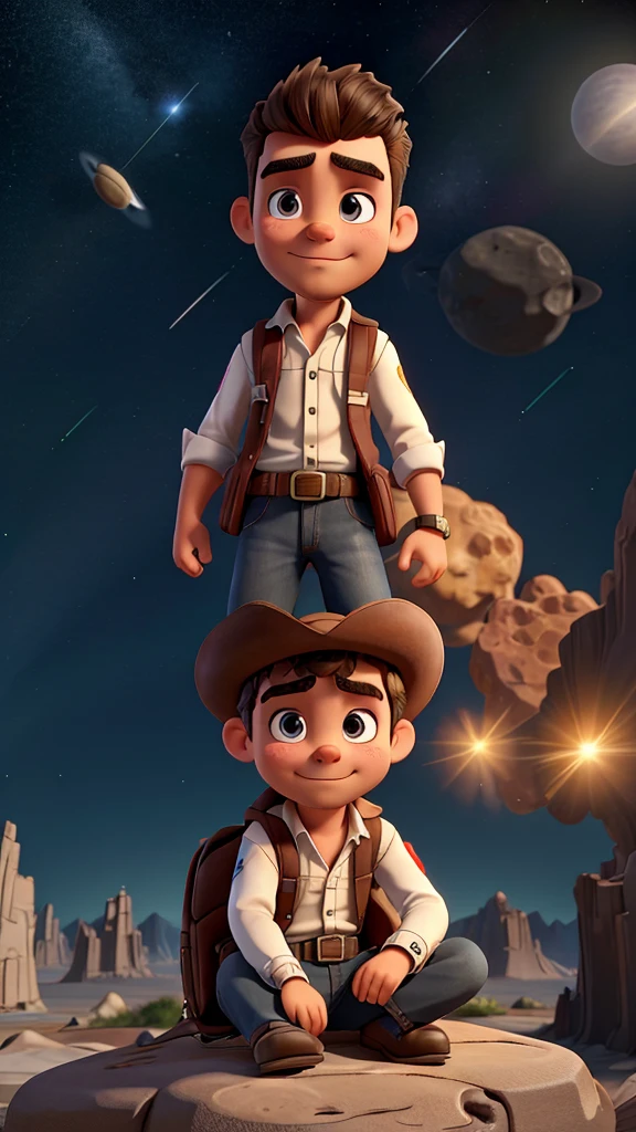 Draw a young programmer, sitting on a research platform floating in the middle of an asteroid belt. He is studying with a notebook, surrounded by several asteroids glowing with fiery auras. Dramatic lighting from distant stars and planets illuminates the scene, casting deep shadows on the suit. The young man looks confident and determined, looking at the vast and mysterious universe with wonder and respect,facial hair, cowboy shot,