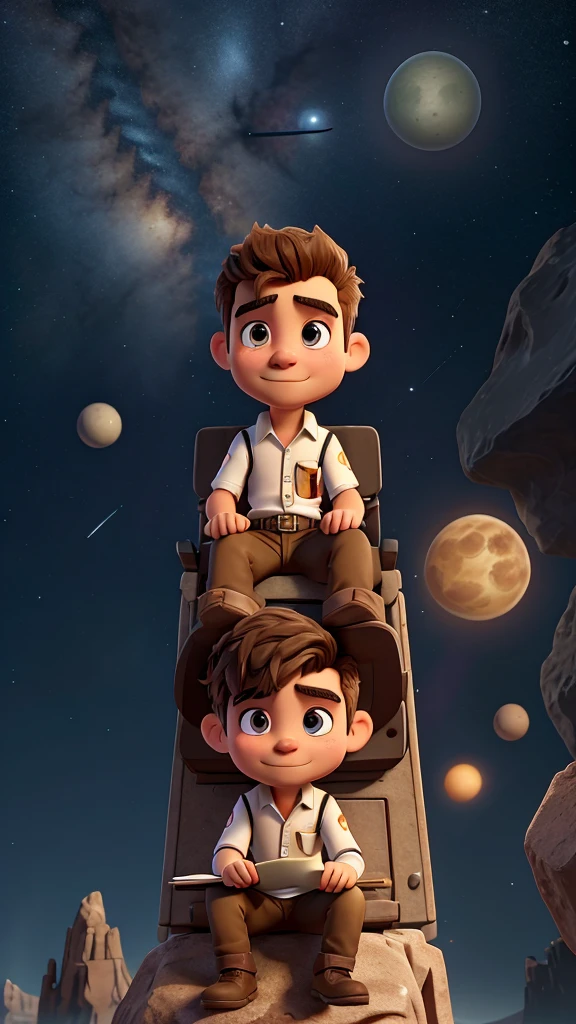 Draw a young programmer, sitting on a research platform floating in the middle of an asteroid belt. He is studying with a notebook, surrounded by several asteroids glowing with fiery auras. Dramatic lighting from distant stars and planets illuminates the scene, casting deep shadows on the suit. The young man looks confident and determined, looking at the vast and mysterious universe with wonder and respect,facial hair, cowboy shot,