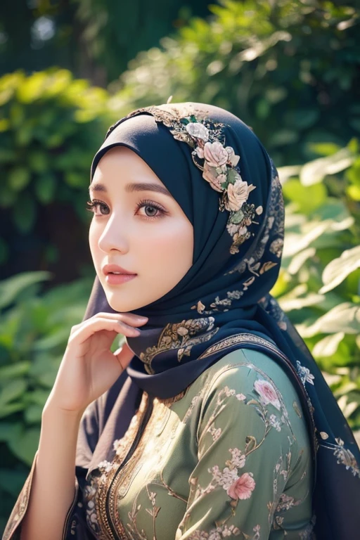 A beautiful girl in a garden, wearing a hijab, full body portrait, realistic, detailed facial features, long eyelashes, intricate hijab folds, ornate floral patterns, lush greenery, natural lighting, warm color tones, serene expression, high quality, photorealistic, cinematic composition, 8k, masterpiece