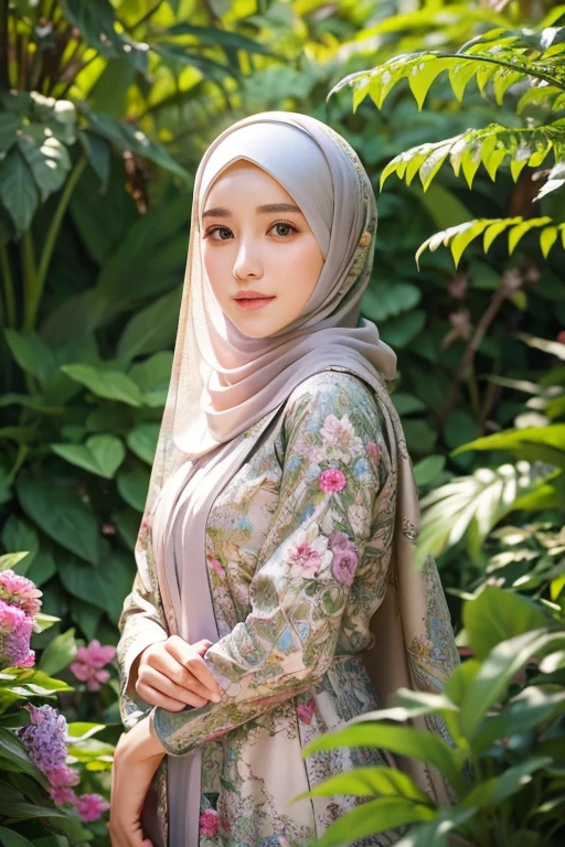 A beautiful girl in a garden, wearing a hijab, full body portrait, realistic, detailed facial features, long eyelashes, intricate hijab folds, ornate floral patterns, lush greenery, natural lighting, warm color tones, serene expression, high quality, photorealistic, cinematic composition, 8k, masterpiece