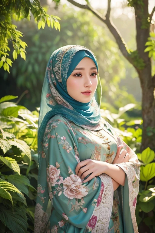 A beautiful girl in a garden, wearing a hijab, full body portrait, realistic, detailed facial features, long eyelashes, intricate hijab folds, ornate floral patterns, lush greenery, natural lighting, warm color tones, serene expression, high quality, photorealistic, cinematic composition, 8k, masterpiece
