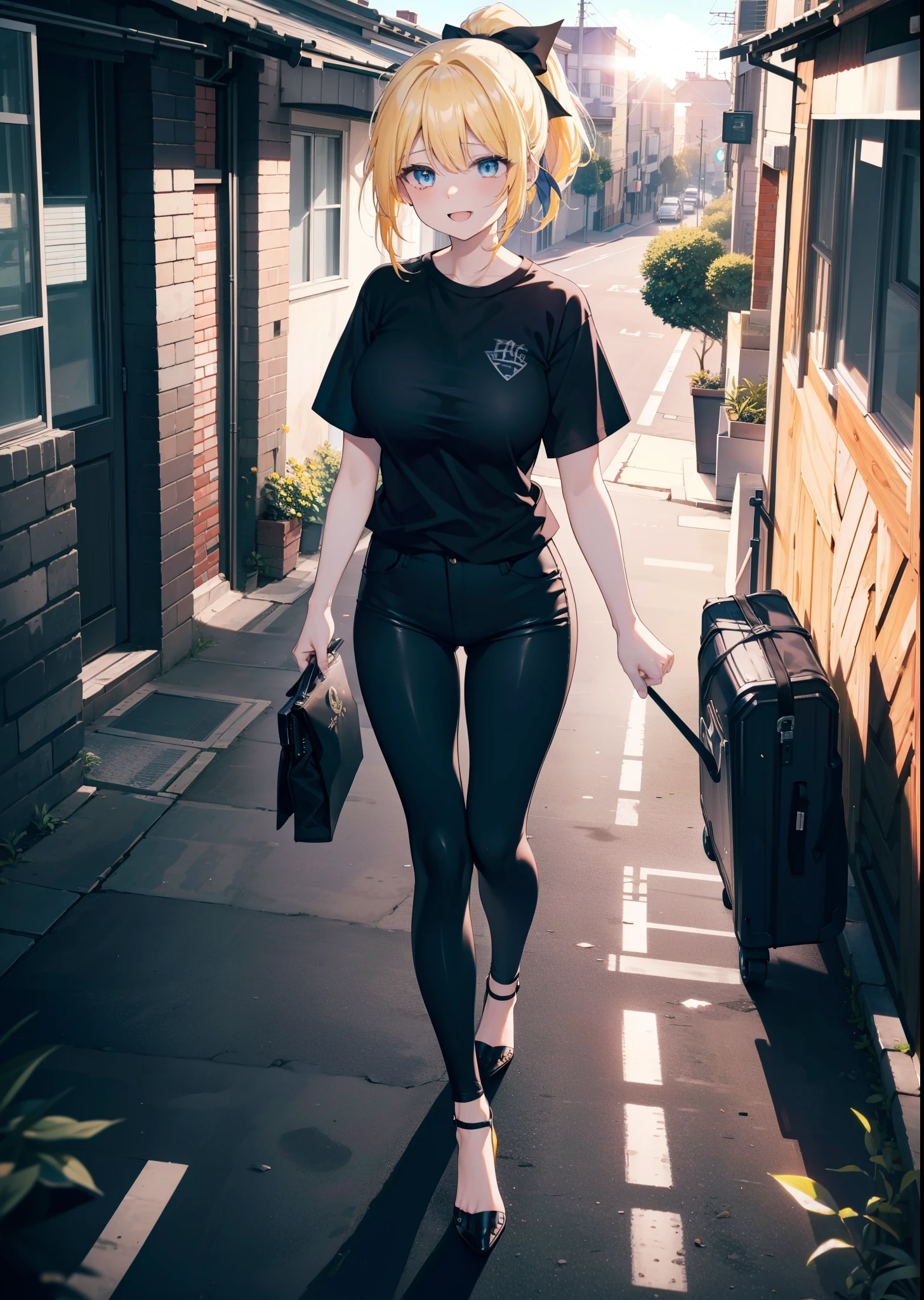 Eliase, catalyst, Yellow Hair, blue eyes,ponytail, Hair Ribbon,happy smile, smile, Open your mouth, Oversized black y-shirt,Big Breasts,black skinny pants,Stiletto heels,morning,morning陽,The sun is rising,walking,whole bodyがイラストに入るように,Looking down from above,
break looking at viewer,whole body,
break outdoors, In town,
break (masterpiece:1.2), highest quality, High resolution, unity 8k wallpaper, (figure:0.8), (Beautiful fine details:1.6), Highly detailed face, Perfect lighting, Highly detailed CG, (Perfect hands, Perfect Anatomy),