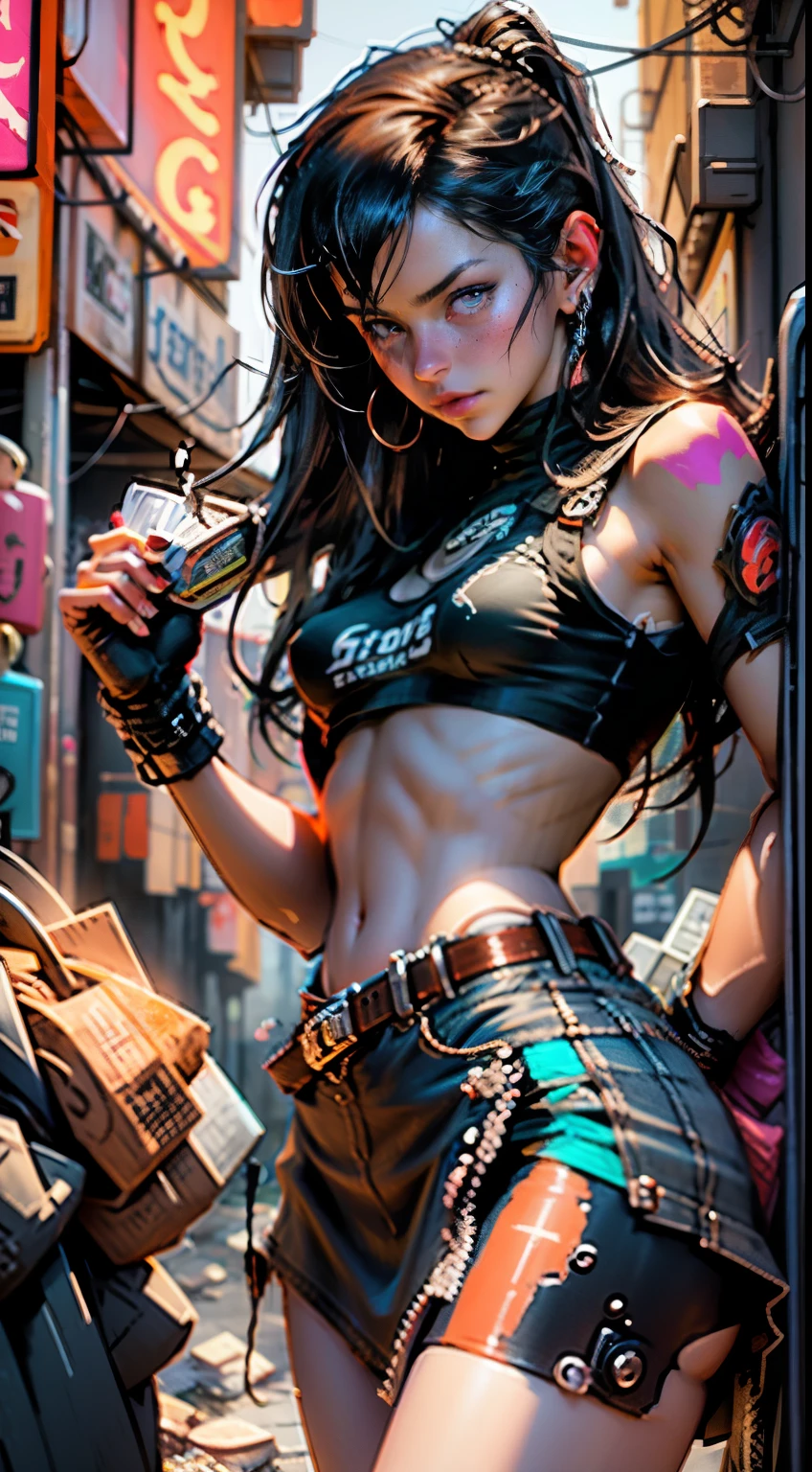 masterpiece、Highest quality、Best Quality、Official Art、Beautiful and aesthetic、 One girl、Gatling Gun、cartridge、Staring at the audience、bangs、Ammunition belt、gloves、chest、Firing、Black Hair、 Very detailed、Supremely detailed、Mixing of optics、Playful patterns、Vivid texture、Unique visual effects、