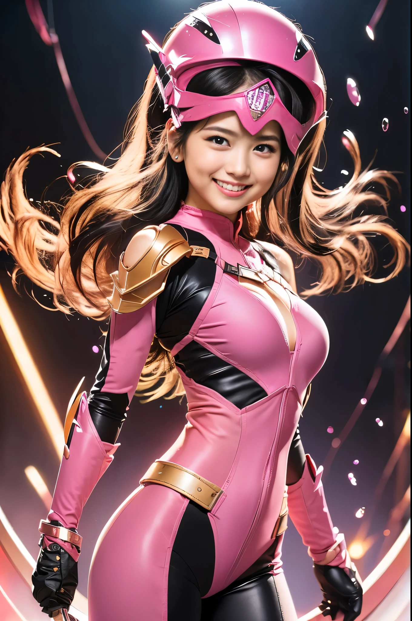 (8k、Raw photography、highest quality、masterpiece:1.2),(Black Hair、Dark Eyes:1.9),(Pink Ranger:1.6)、View your viewers,Viewed from the front,White skin,(:1.6)、(Tight waist:1.6)、(Clothes that accentuate the shape of the breasts:1.0)、(Big Breasts :1.3)、Slim figure、Ultra-high resolution,beautiful,beautiful fece,(one person、No background:1.9),whole bodyボディー,Japanese women,(reality的:1.37)、Photon Mapping,reality、(Baby-faced and cute: 1.4)、(Cute Smile: 1.8)、(Round face: 1.8)、Radio City、Physically Based Rendering、Depth of field rally background、photograph, (I can see your knees、Thigh close-up:1.8),(:1.6),whole body、Great quality