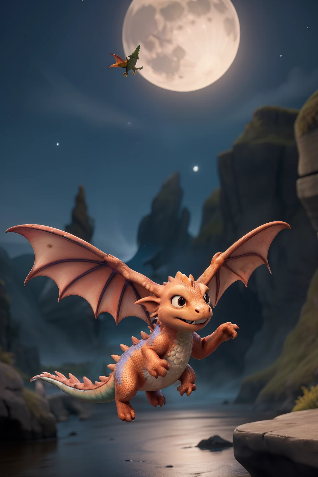 small dragon flying in the moonlight