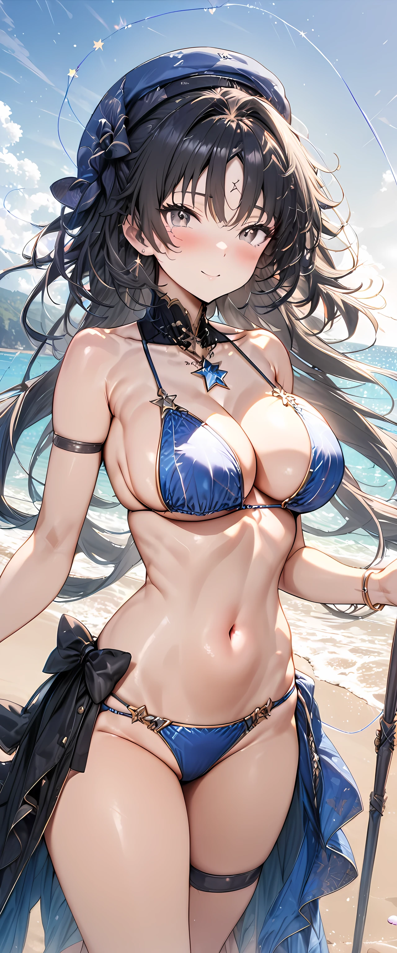 (masterpiece), best quality, expressive eyes, perfect face,1girl,y4ngy4ng,bare shoulders,(starry string bikini:1.3),bangle,navel,heel sandals, sideboob, ,cleavage,bective pose,looking at viewer,standing,blush,smiles,cowboy shot,bare hands,(star pendant)