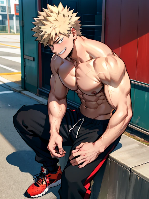 Bakugo Katsuki《My Hero Academia》, Wear black sweatpants,Topless, Smile, Bodybuilder,Extremely muscular, in fitness