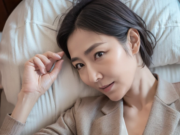 65 only、Japanese、Mature Woman、politician、Realistic facial wrinkles、Small breasts、Slender figure、Alluring、Plain tight-fitting business suit、On the bed、、Realist, 8k super Realist, super detal hand Realist、face close-up shot、