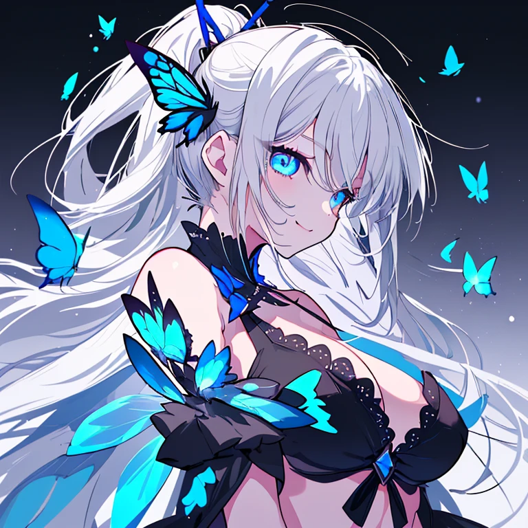 1 girl、Mature、Ample breasts、White Hair、Long Hair、Straight Hair、Blue Eyes、Sharp Eyes、Jewel-like eyes、ponytail、Black Dress、Shoulder Bare、Belly button、Bust-up perspective、Night view、A seductive smile、High resolution、highest quality、Rest your cheek on your hand、profile、Look to the side、Blue Butterfly