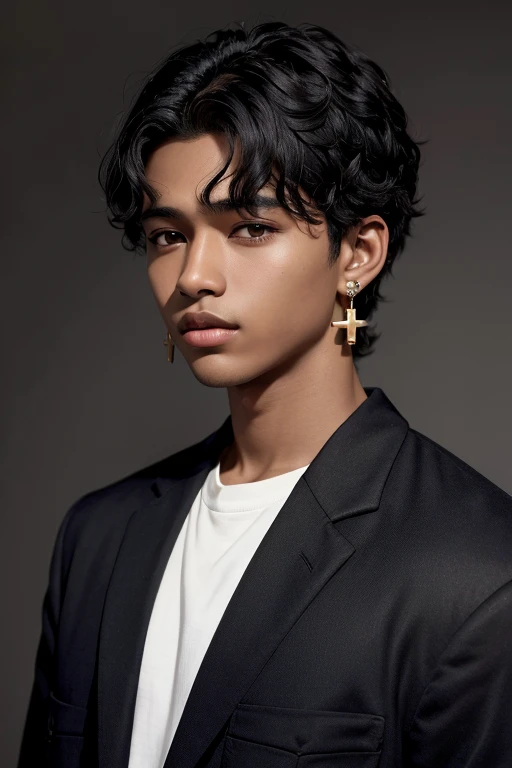 A dark-skinned teenage boy with a round, pointed nose and wavy, almost black hair, a black cross earring