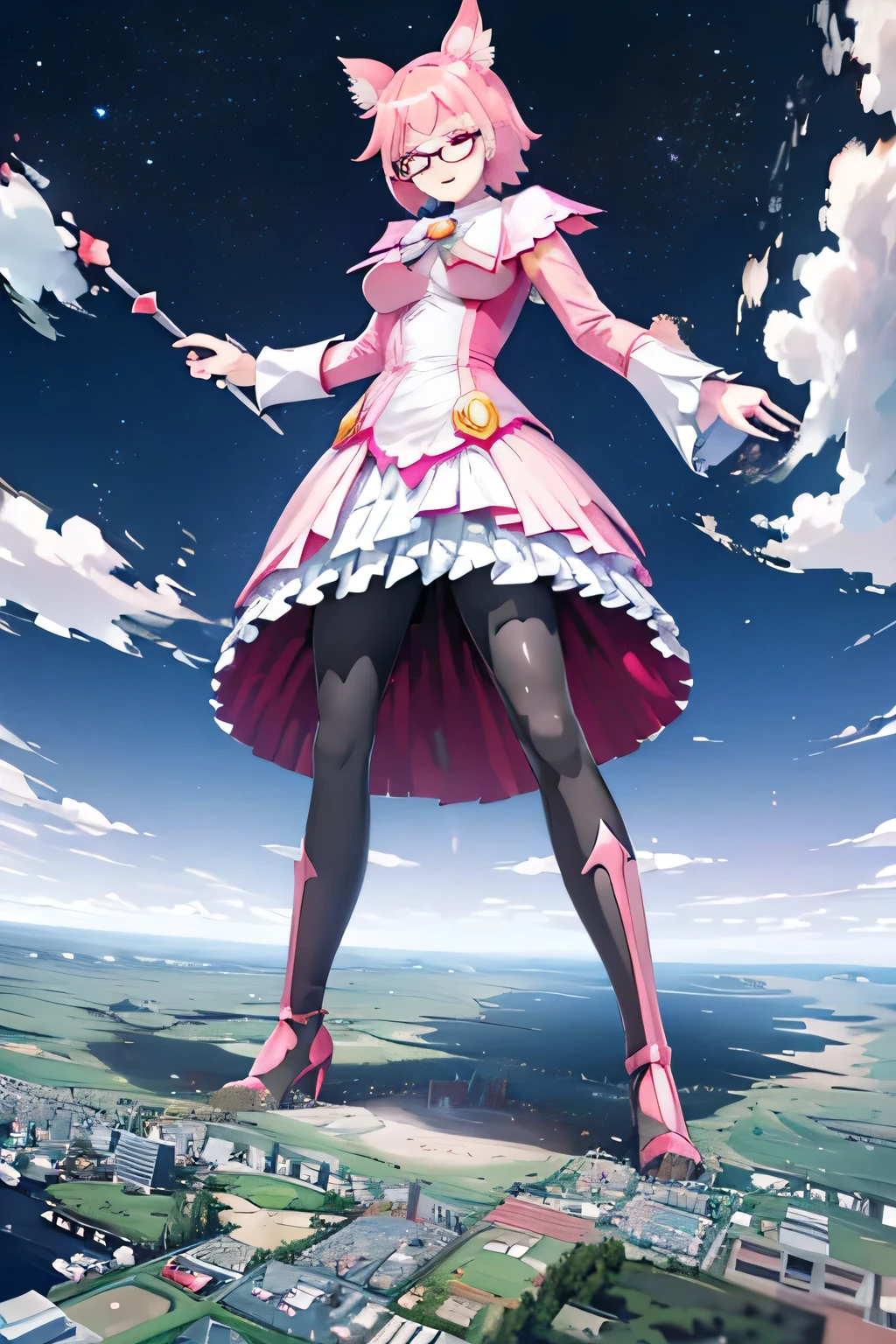 giantess art, highly detailed giantess shots, giantess, Two legs, Five fingers, short hair, A beautiful girl who is bigger than a skyscraper, Wearing rimless glasses, smile, huge breasts, pink and white dress, bow, magical girl, holding a magical wand, black pantyhose, pink stiletto heels, thunderbolt from a magical wand, Destroying cities, A very small big city, Miniature metropolis, Full body description, GTS, giga giantess, stomping city, crash city, tiny city, micro city, pantyhose feet, High resolution, highest quality, masterpiece, peeing self, 