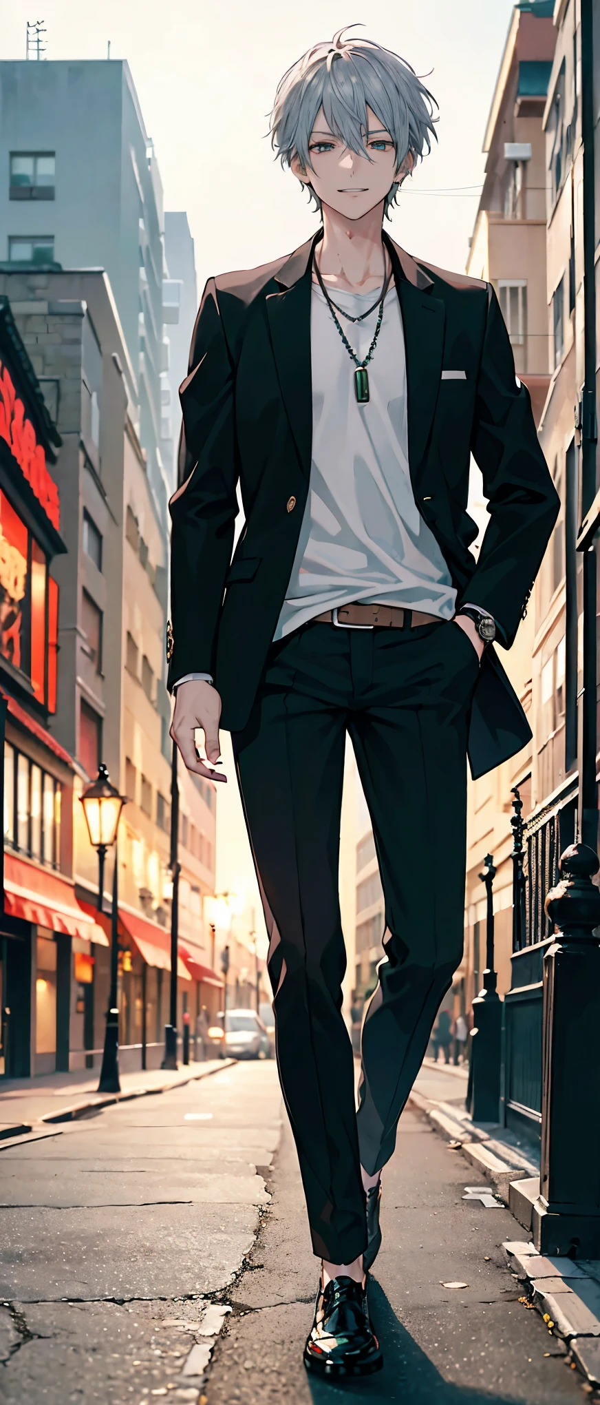 High resolution, high resolution,2D Anime Style,,Cool guy,Mature look,,20th Generation,Short Hair,Silver Hair,Red and emerald green odd eyes,Beautiful watch,Beautiful earrings,Beautiful necklace,Street fashion,Black jacket,Long pants,,He is smiling a little,night,walking,Put your hands in your pockets,