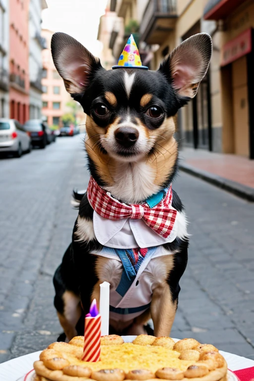 Chihuahua in a city celebrating his birthday that says fithuchini