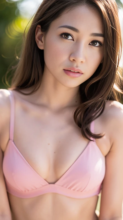 (high resolution, 4k, 8k, ultra-detailed:1.2), (hyper-realistic, photorealistic:1.37), (illustrated), (detailed lighting), (extremely delicate and beautiful), ung girl, brown hair, brown eyes, bra model, bare shoulders and chest, (best quality), ultra-detailed CG wallpaper in 8k, vibrant color, professional-grade, ((bokeh effect))), depth of field, twilight, sinking sunset.