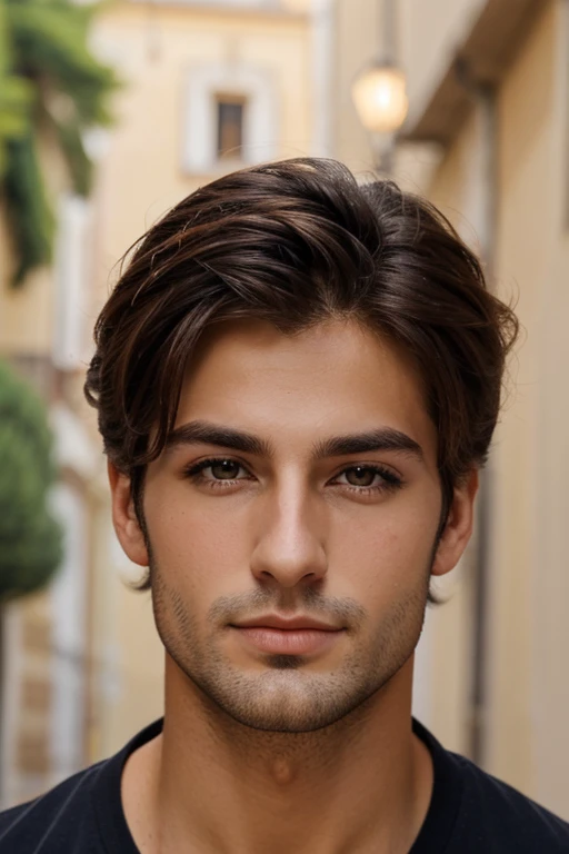 Super handsome 25 year old Italian man Hair color: dark brown eye color: miel Rasgos distintivos: postura relajada y segura,mirada penetrante y gestos sutiles Color de piel: piel media