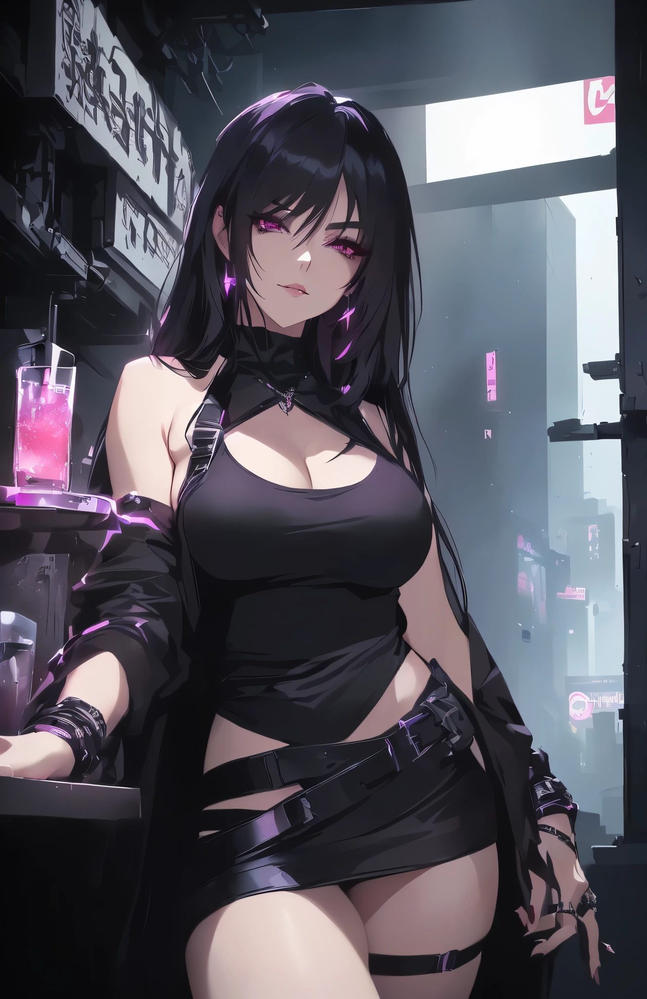 a woman with a black top and a black cape holding a glass of alcohol, black hair, pink eyes,  female death holding a cocktail, with a drink, badass anime 8 k, female cyberpunk anime girl, artwork in the style of guweiz, oc commission, portrait of tifa lockhart, cyberpunk anime girl, seductive cyberpunk dark fantasy, aeon flux style, highly detailed exquisite fanart