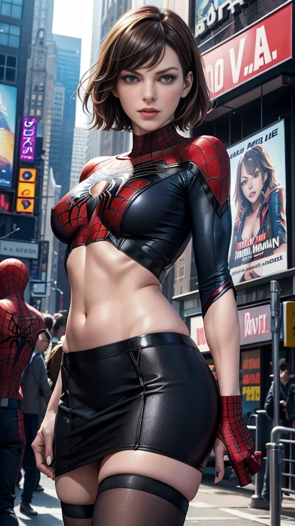 Milla Jovovich、マーベルコミックの映画Poster、so beautiful、Movies about Spider-Man、sexy、whole body、Wearing a skirt、Premiere Date、Poster、belly buttonを突き出す、new york、She's wearing a ripped Spiderman suit、The suit is torn、Wearing a skirt、Red and black color scheme、dynamic、masterpiece、highest quality、Super detailed、Very detailed、Delicate and beautiful shine、Ultra-high resolution、Cinematic、break、breakドロップ、(Torn clothes:1.5)、(Wet clothes:1.4)、Bare shoulders、Real Rain、Wet Hair、belly button、Exposed Skin、sexyな肩を披露